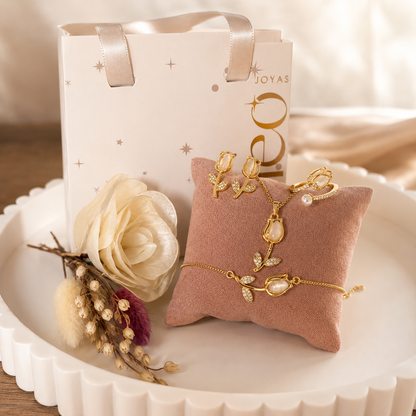 Box Premium Tulipan Blanco 4 piezas: Collar + Aretes + Pulsera y Anillo Tulipan Blanco