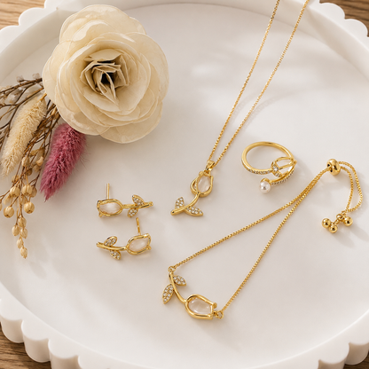 Box Premium Tulipan Blanco 4 piezas: Collar + Aretes + Pulsera y Anillo Tulipan Blanco