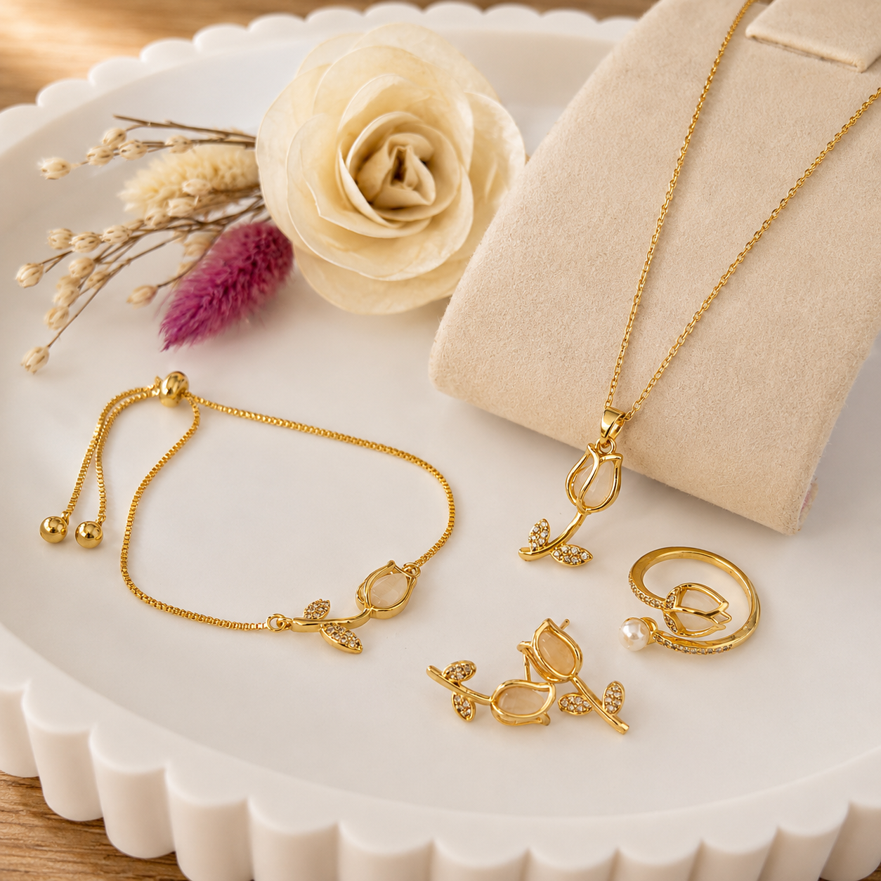 Box Premium Tulipan Blanco 4 piezas: Collar + Aretes + Pulsera y Anillo Tulipan Blanco