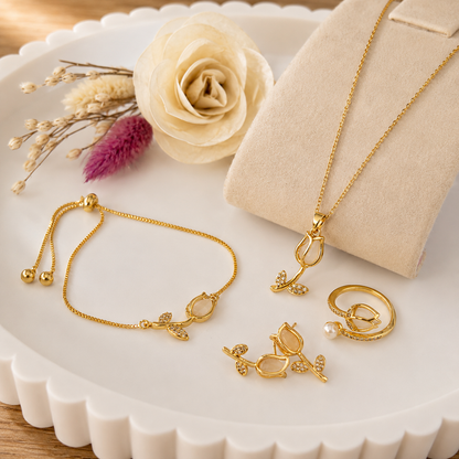 Box Premium Tulipan Blanco 4 piezas: Collar + Aretes + Pulsera y Anillo Tulipan Blanco