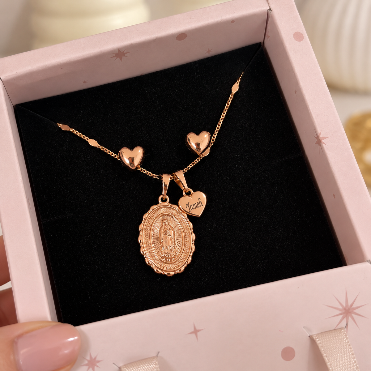 Set  Virgen  Guadalupe Oval Grabado Rose