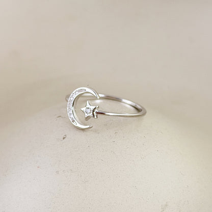 Anillo Luna y Estrella Regulable Plata