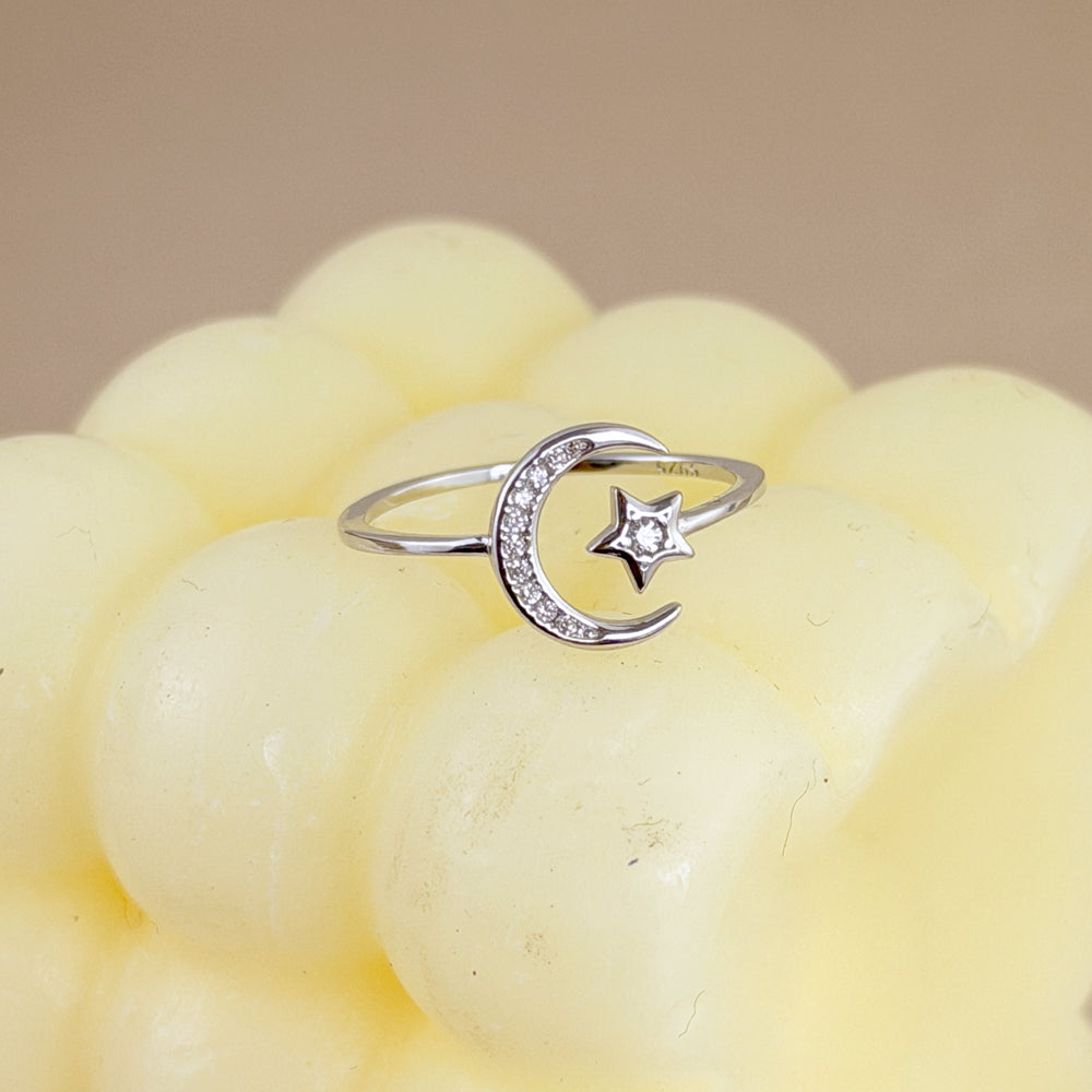 Anillo Luna y Estrella Regulable Plata