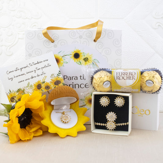 Box Primavera 4 piezas Girasol: Collar + Arete + Pulsera + Anillo Girasol Giratorio