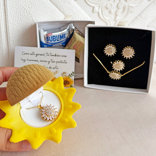 Box Premium 4 piezas Girasol: Collar + Arete + Pulsera + Anillo Girasol Giratorio