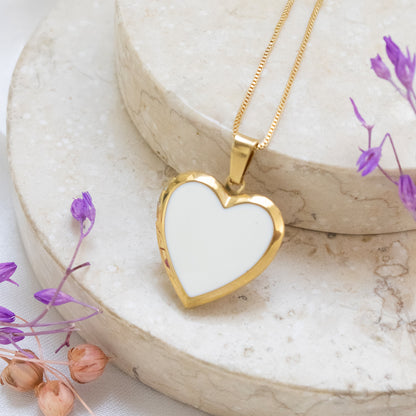 Collar Relicario Corazón Blanco Dorado Acero