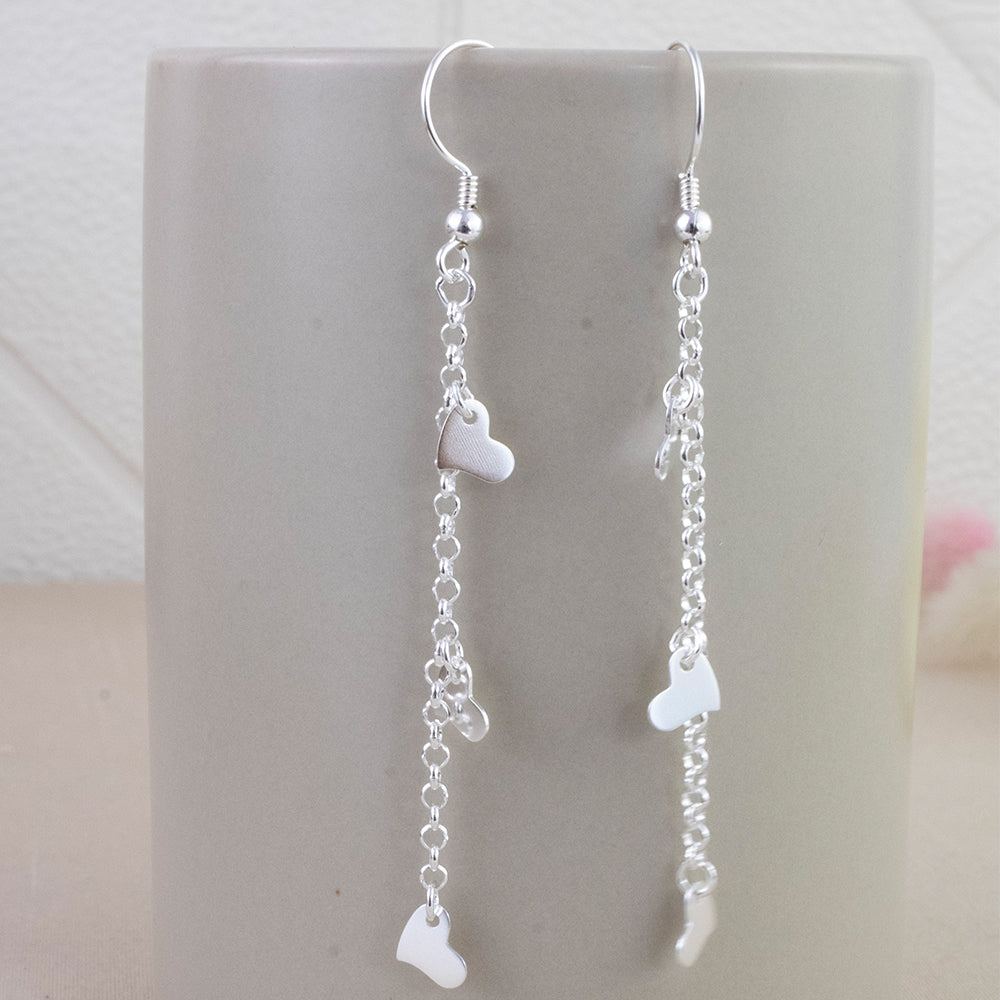 Aretes Largo 3 Corazones Plata