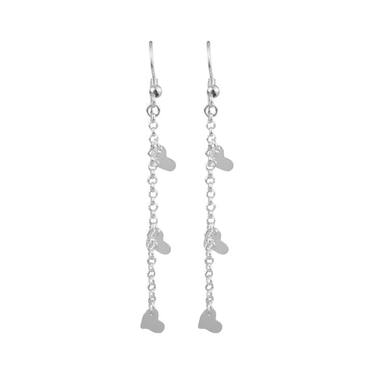 Aretes Largo 3 Corazones Plata
