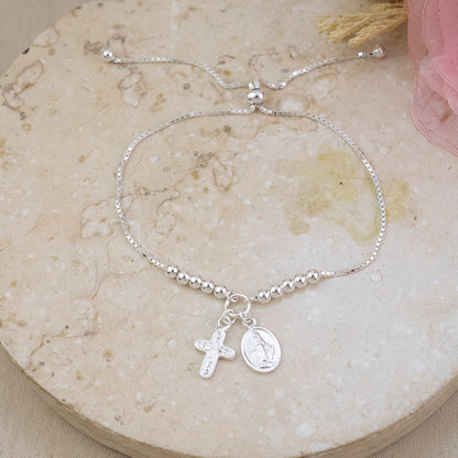 Pulsera Regulable Cruz y Virgen Plata