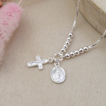 Pulsera Regulable Cruz y Virgen Plata