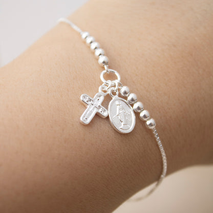Pulsera Regulable Cruz y Virgen Plata