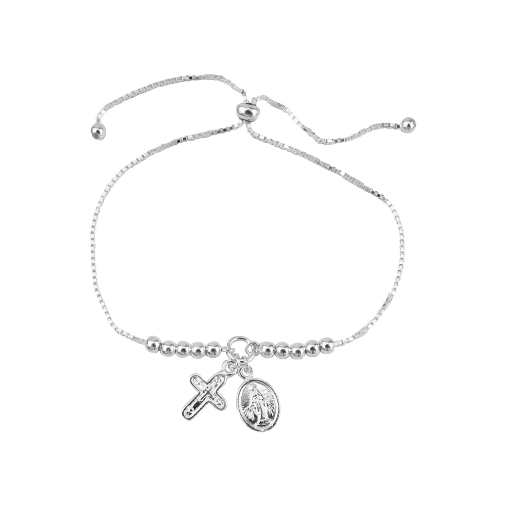 Pulsera Regulable Cruz y Virgen Plata