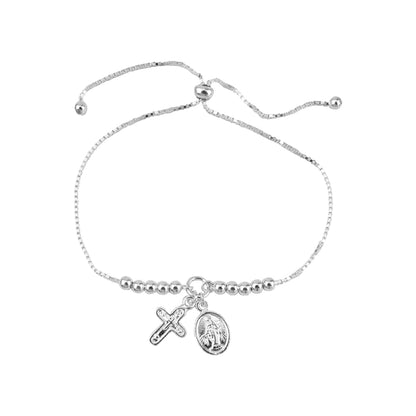 Pulsera Regulable Cruz y Virgen Plata