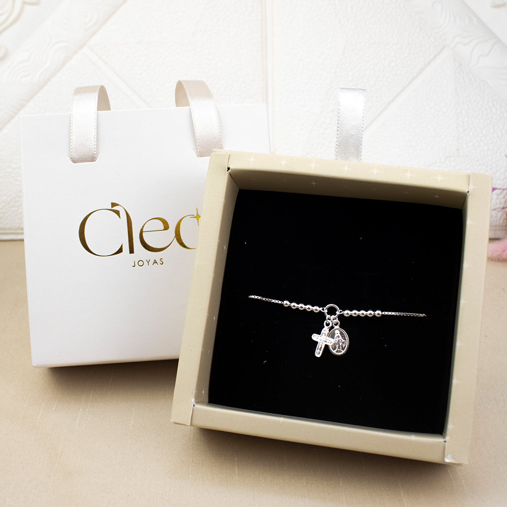 Pulsera Regulable Cruz y Virgen Plata