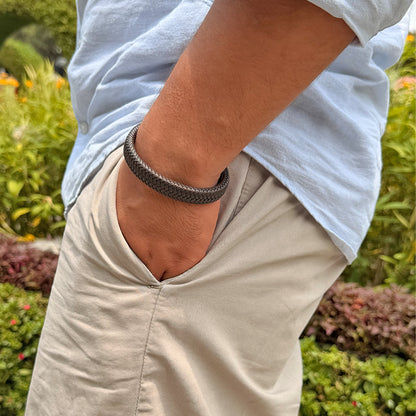 Pulsera Trenzada Cuerina  Acero Hombre