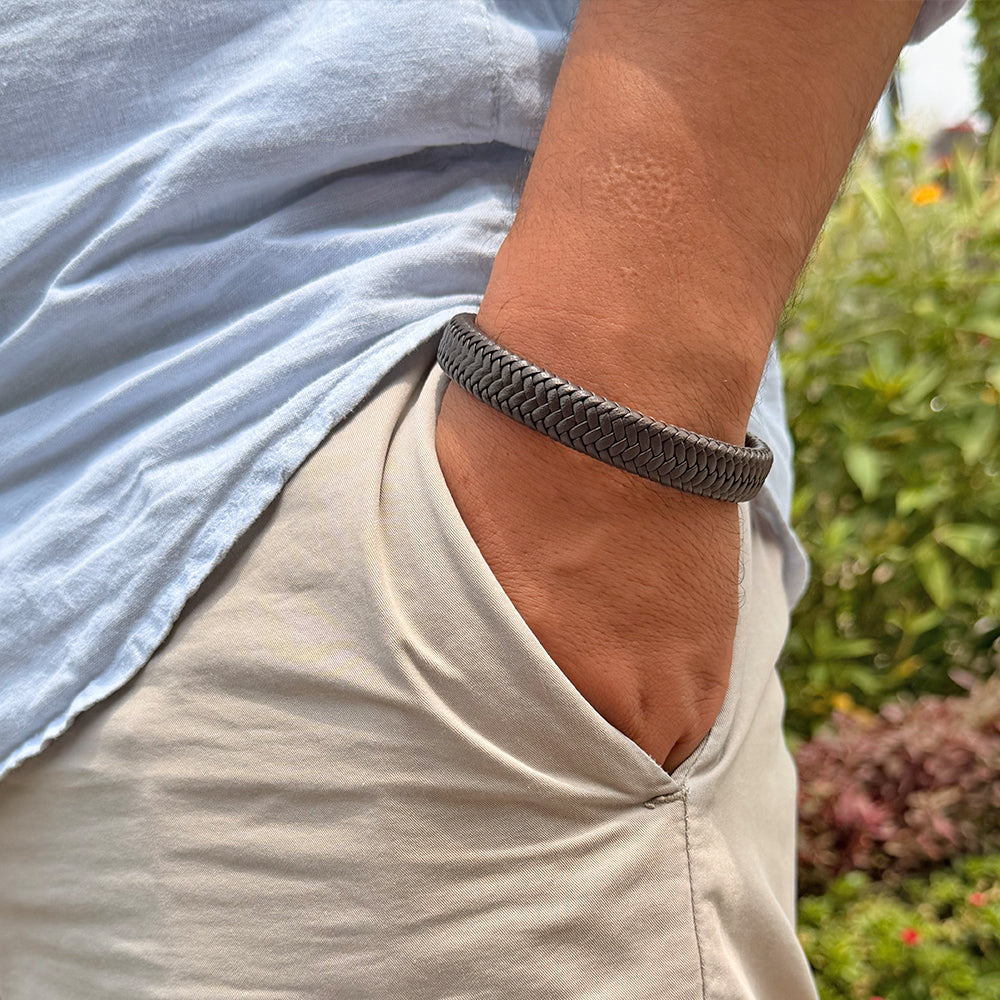 Pulsera Trenzada Cuerina  Acero Hombre