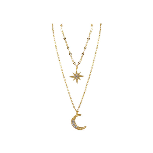 Collar Doble Caída Estrella y Luna