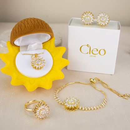 Box Primavera 4 piezas Girasol: Collar + Arete + Pulsera + Anillo Girasol Giratorio