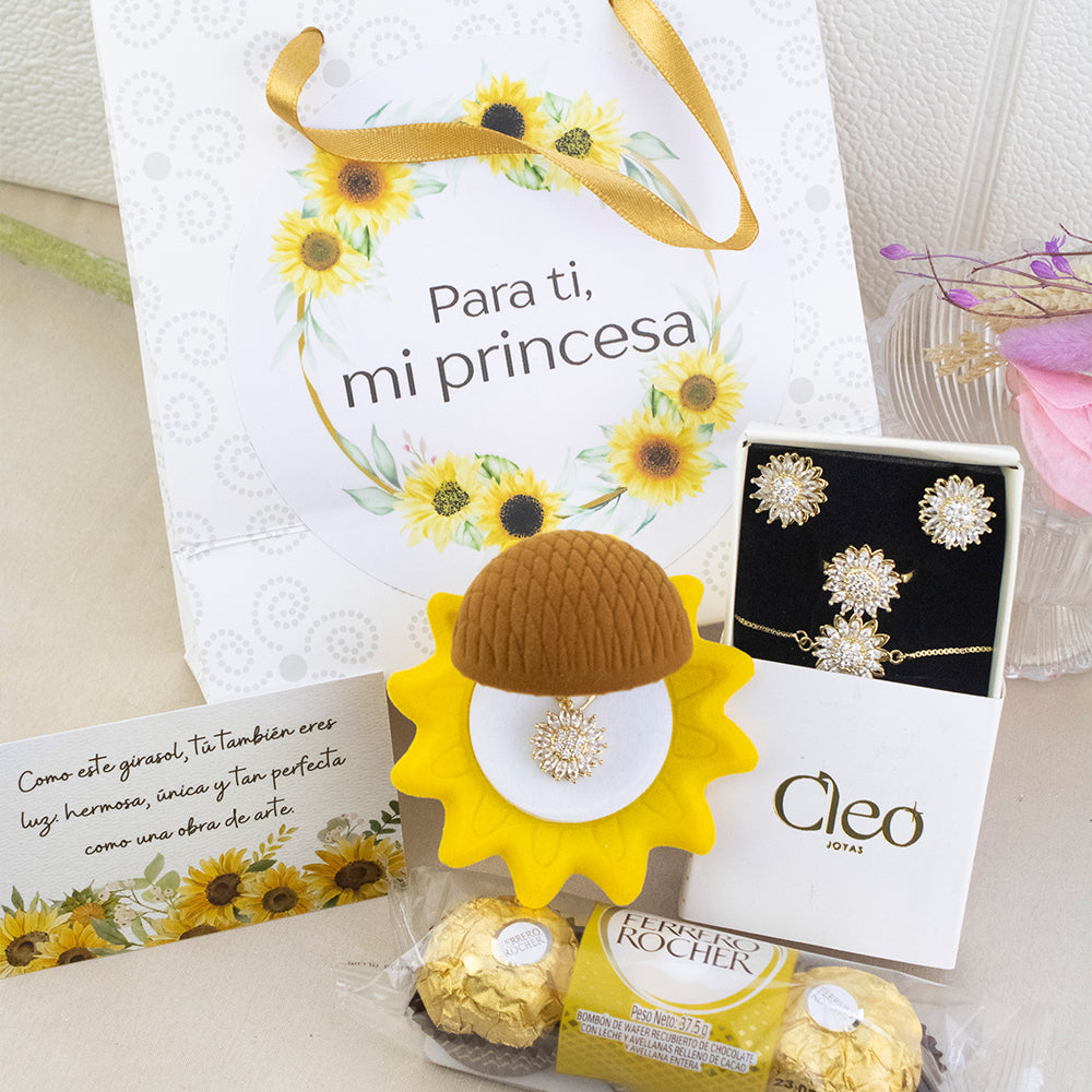 Box Primavera 4 piezas Girasol: Collar + Arete + Pulsera + Anillo Girasol Giratorio