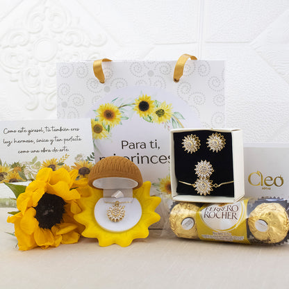 Box Primavera 4 piezas Girasol: Collar + Arete + Pulsera + Anillo Girasol Giratorio