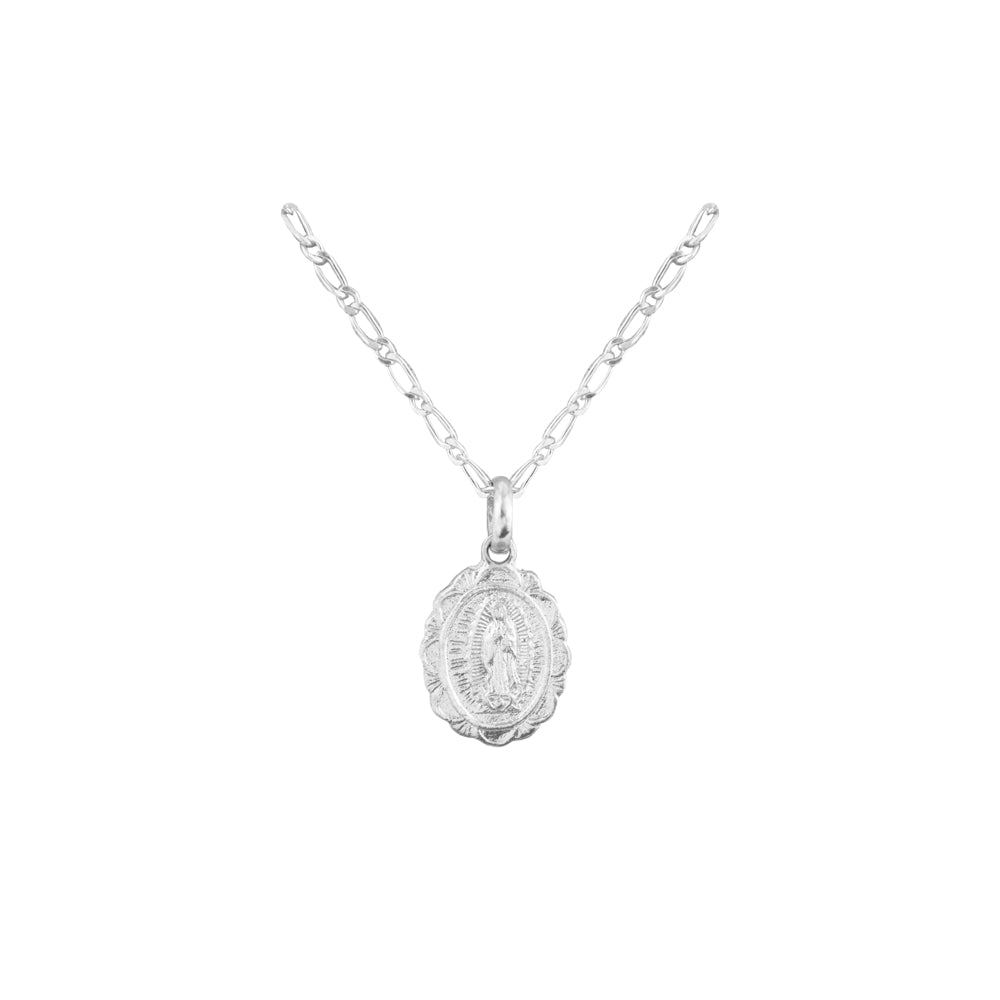 collar de virgen de guadalupe plateado plata, collar de virgen, collar religioso de virgen, collar de virgen con cadena.