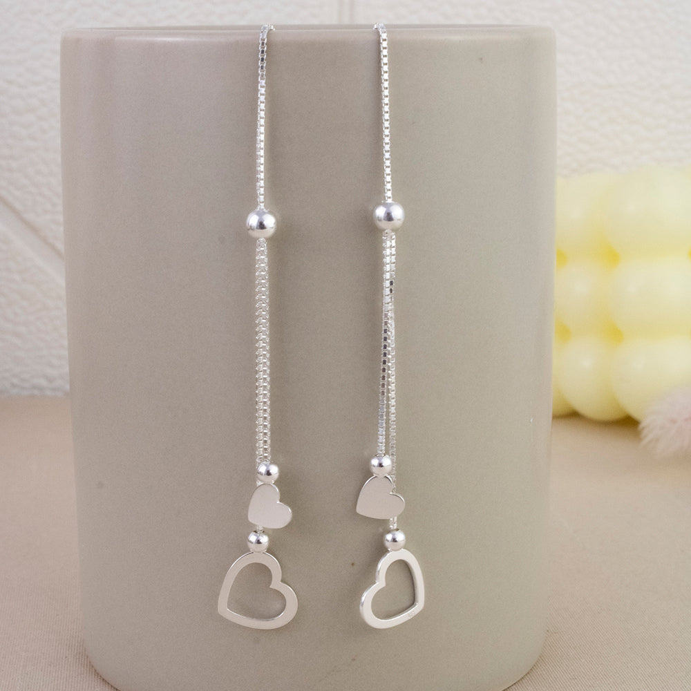 Aretes Largo Pasante Corazones Plata