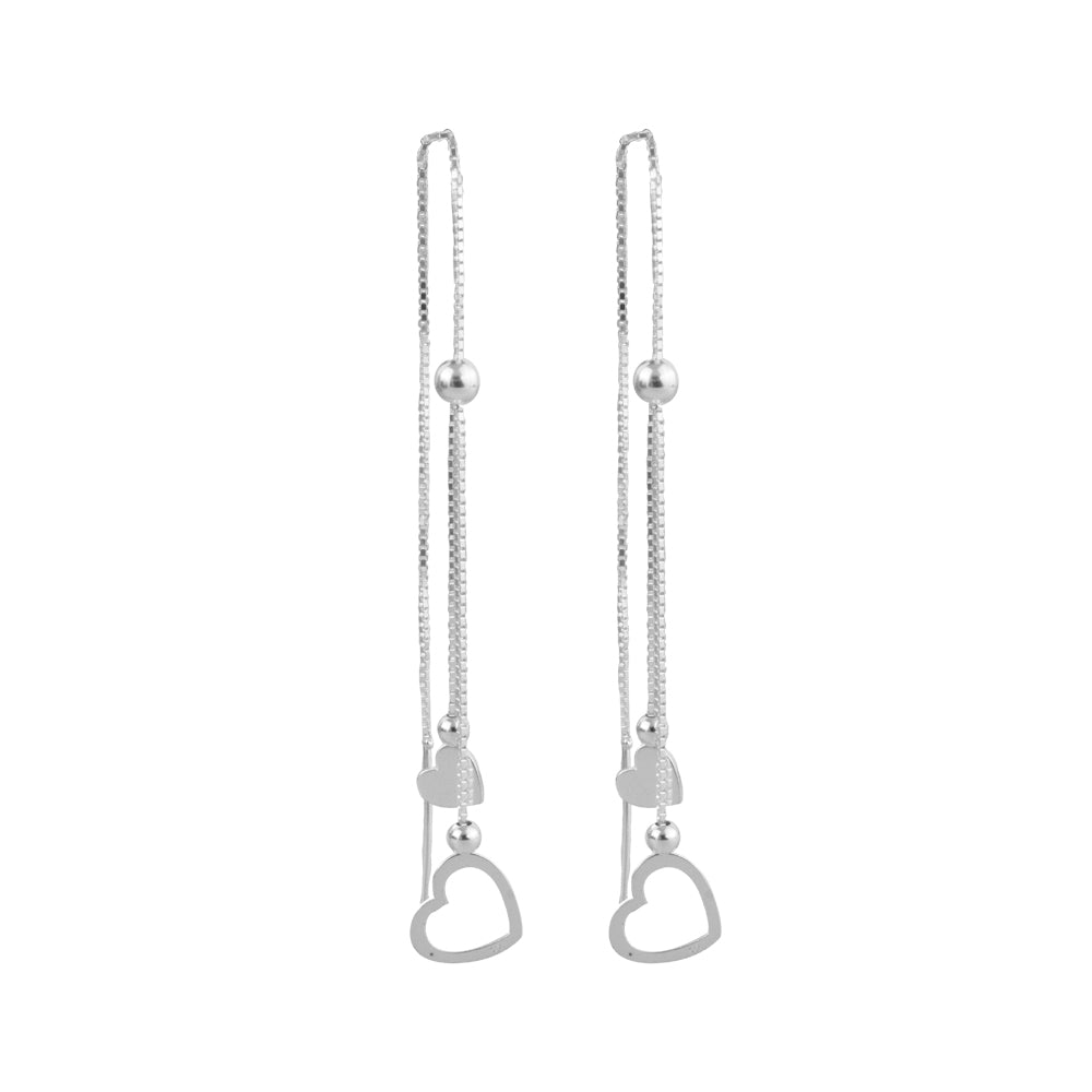 Aretes Largo Pasante Corazones Plata