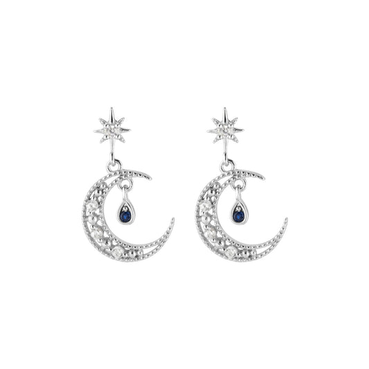 Pendientes de luna y estrellas plateados con piedra colgante azul y cristales