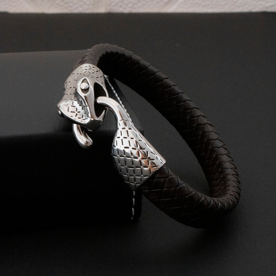 Pulsera Snake Cuerina Plateado Hombre