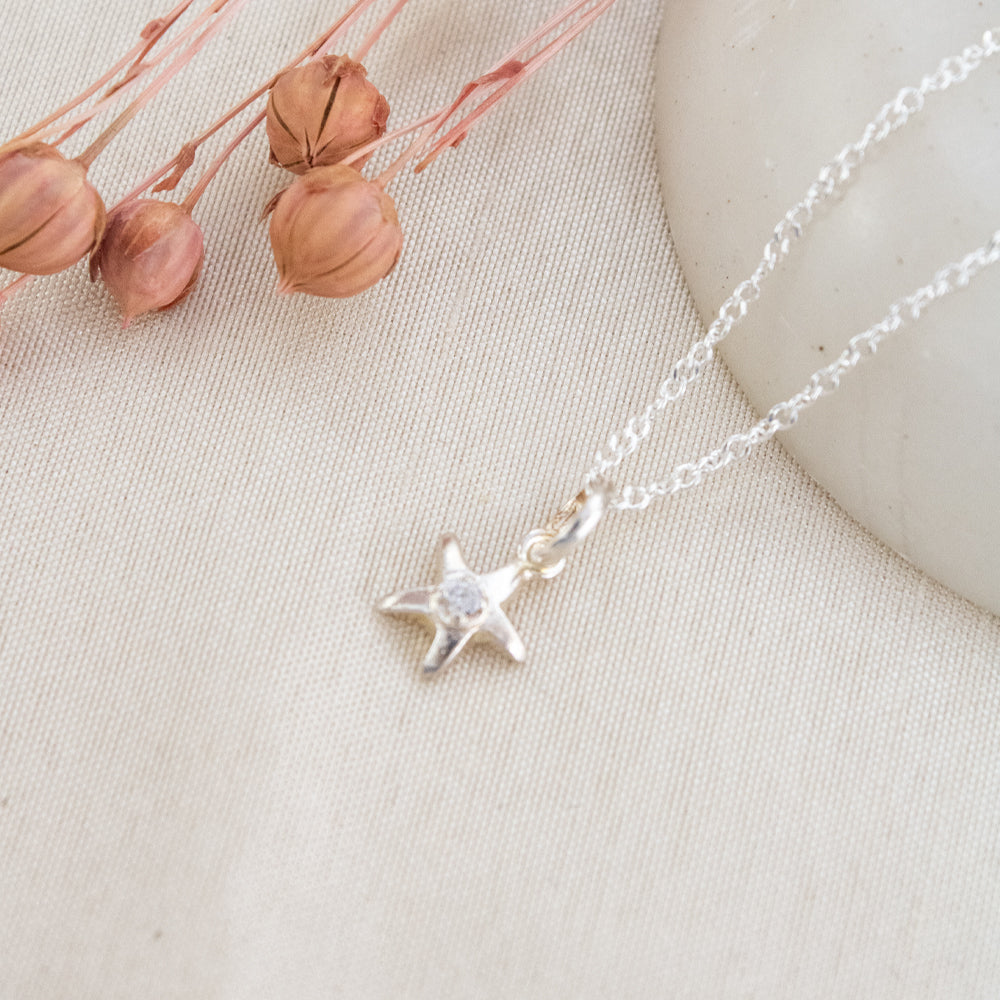 Collar plateado con dije de estrella de mar, dije de estrella de mar