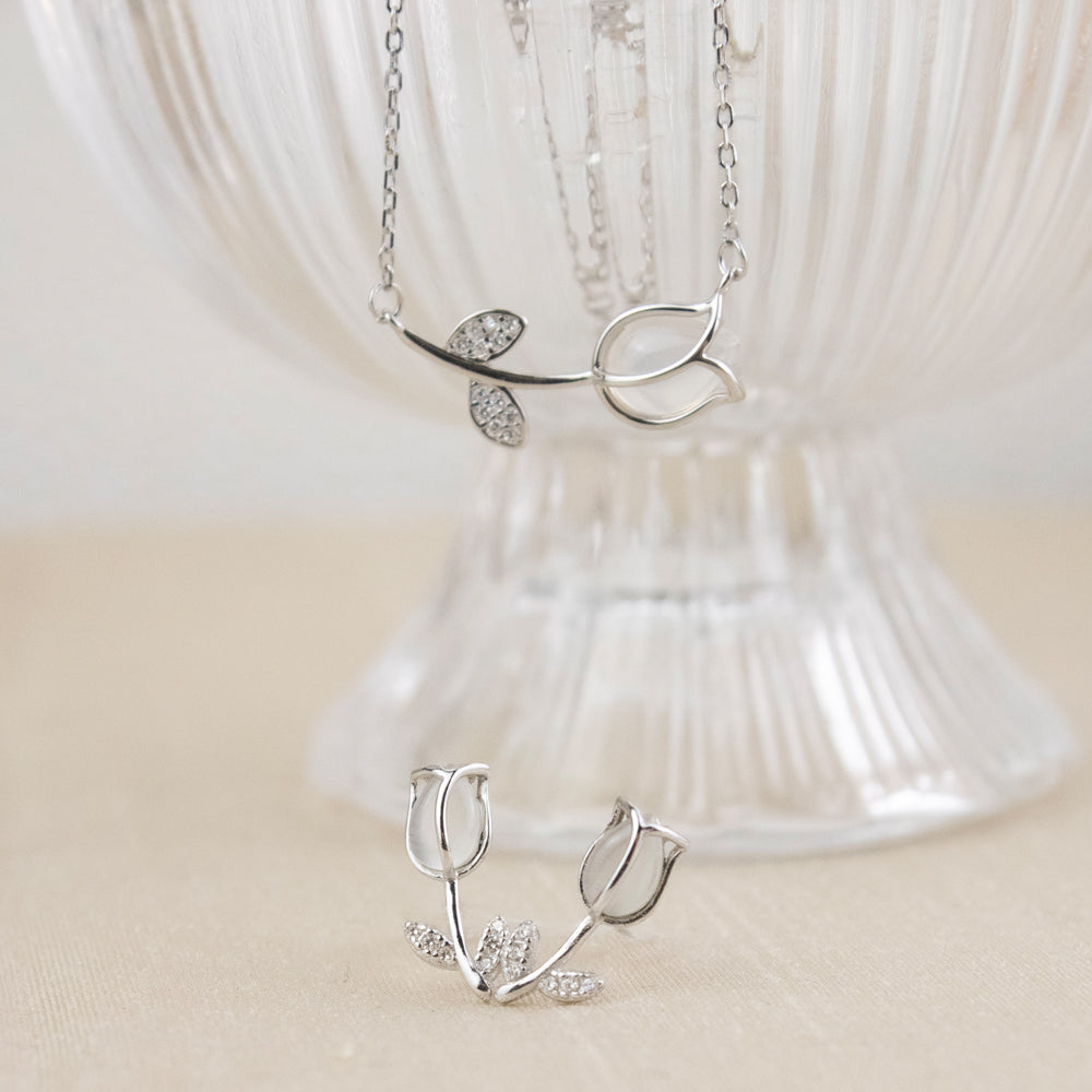 Set Tulipan Piedra Blanca Plata