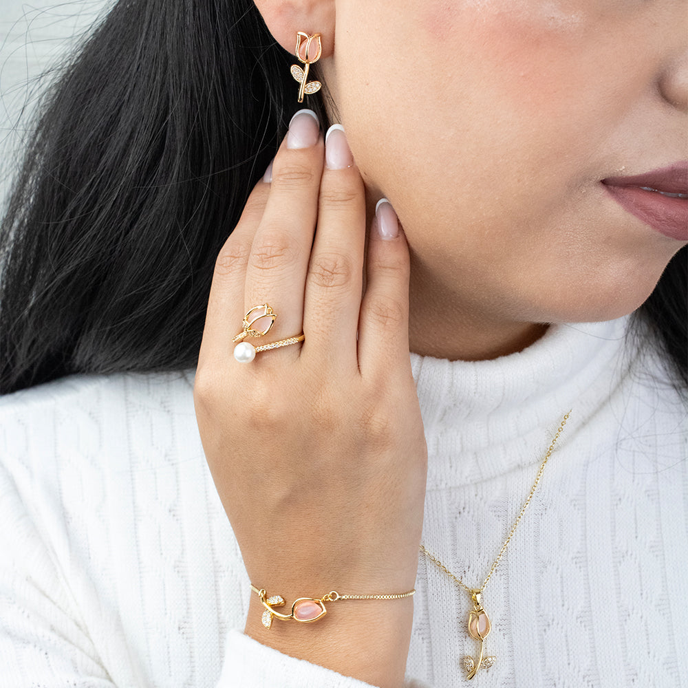 Box Premium Tulipan Rosa 4 piezas: Collar + Aretes + Pulsera y Anillo Tulipan Rosa