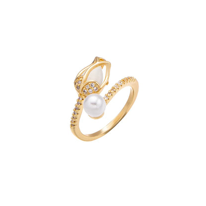 Anillo Tulipan Piedra Blanca Dorado Acero