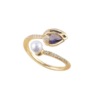 Anillo Tulipan Cristal Morado Dorado Acero