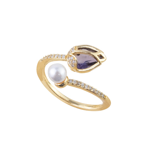 Anillo Tulipan Cristal Morado Dorado Acero