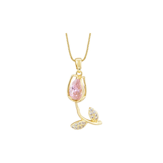 collar dorado de flor, collar dorado de tulipan, collar de tulipan con piedras, collar con colgante de flor, collar con colgante de tulipan, collar de tulipan con piedra rosada, collar de flor con piedra rosada
