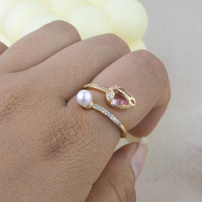 Anillo Tulipan Cristal Rosado Dorado Acero