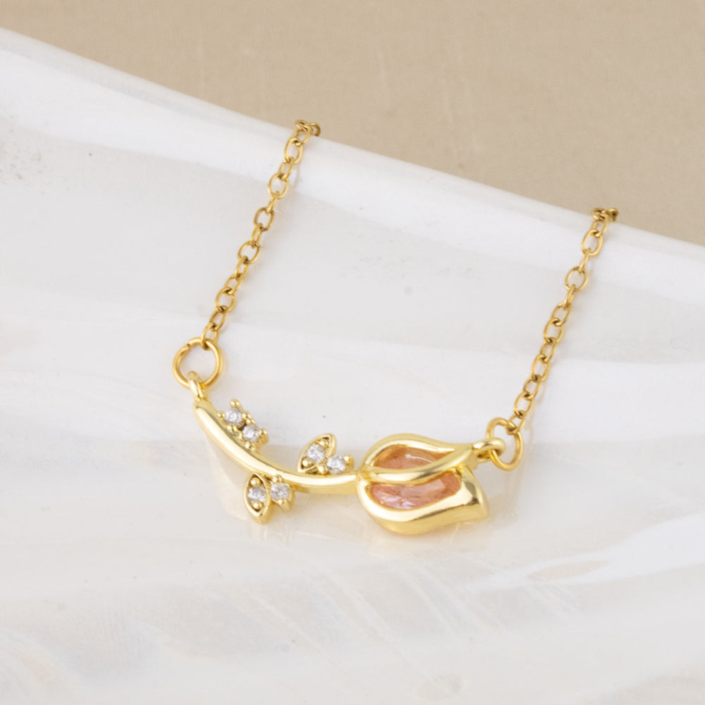 Collar Tulipán Cristal Rosado Dorado Acero