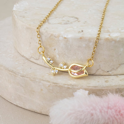 Collar Tulipán Cristal Rosado Dorado Acero