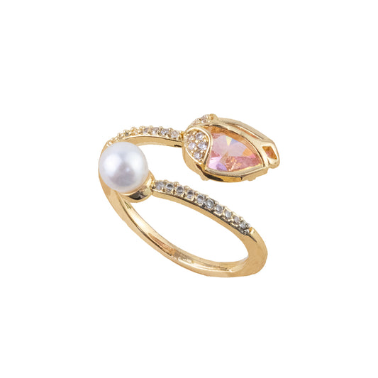 Anillo Tulipan Cristal Rosado Dorado Acero