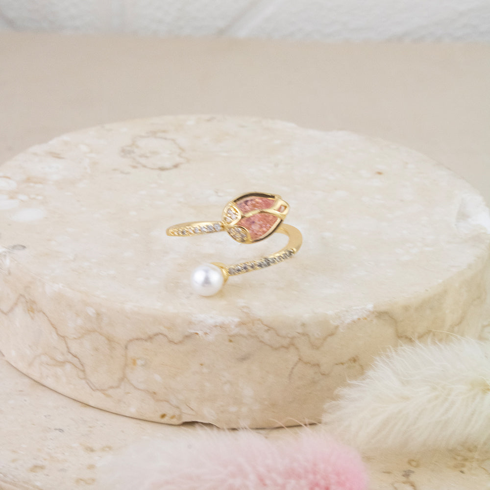 Anillo Tulipan Cristal Rosado Dorado Acero
