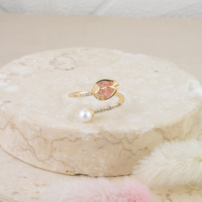 Anillo Tulipan Cristal Rosado Dorado Acero